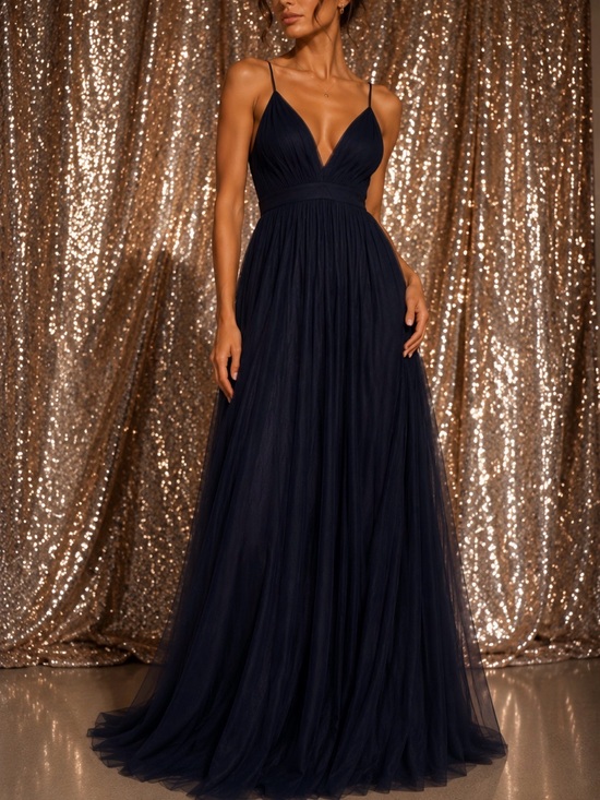 Chelsea Dresses & Skirts - Navy V-Neck Spaghetti Strap Tulle Maxi Dress